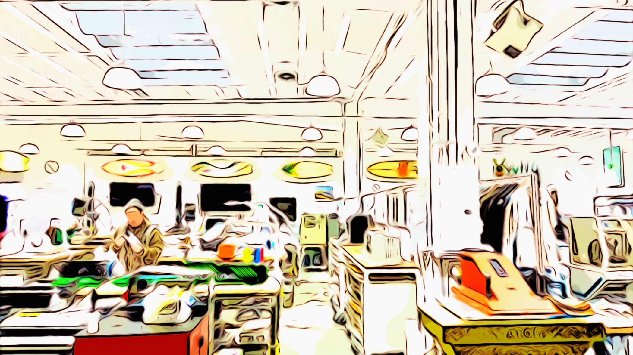 Colorful interior of a supermarket checkout area with cash registers, shopping carts, and signs hanging from the ceiling.