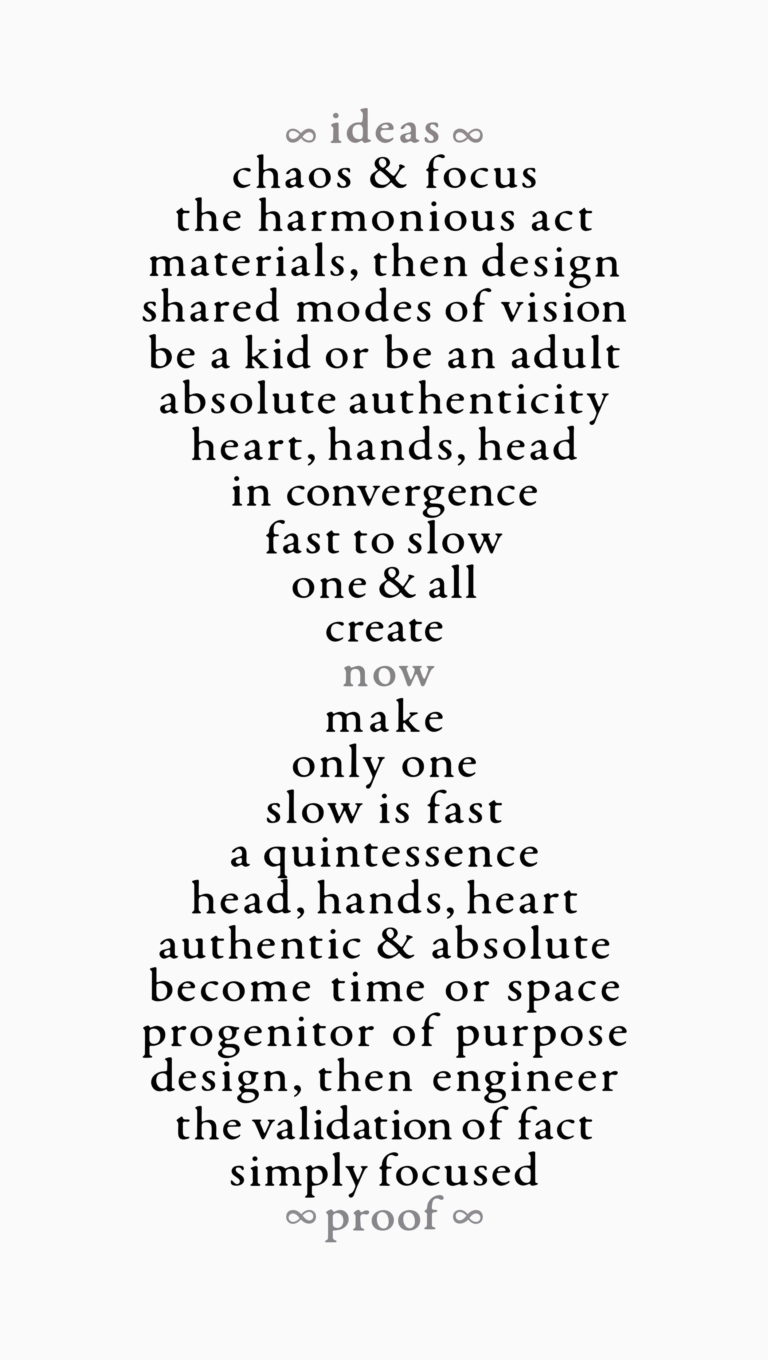A quote about ideas, chaos, focus, design, truth, and authenticity presented in black text with a white background, using various font sizes and styles.