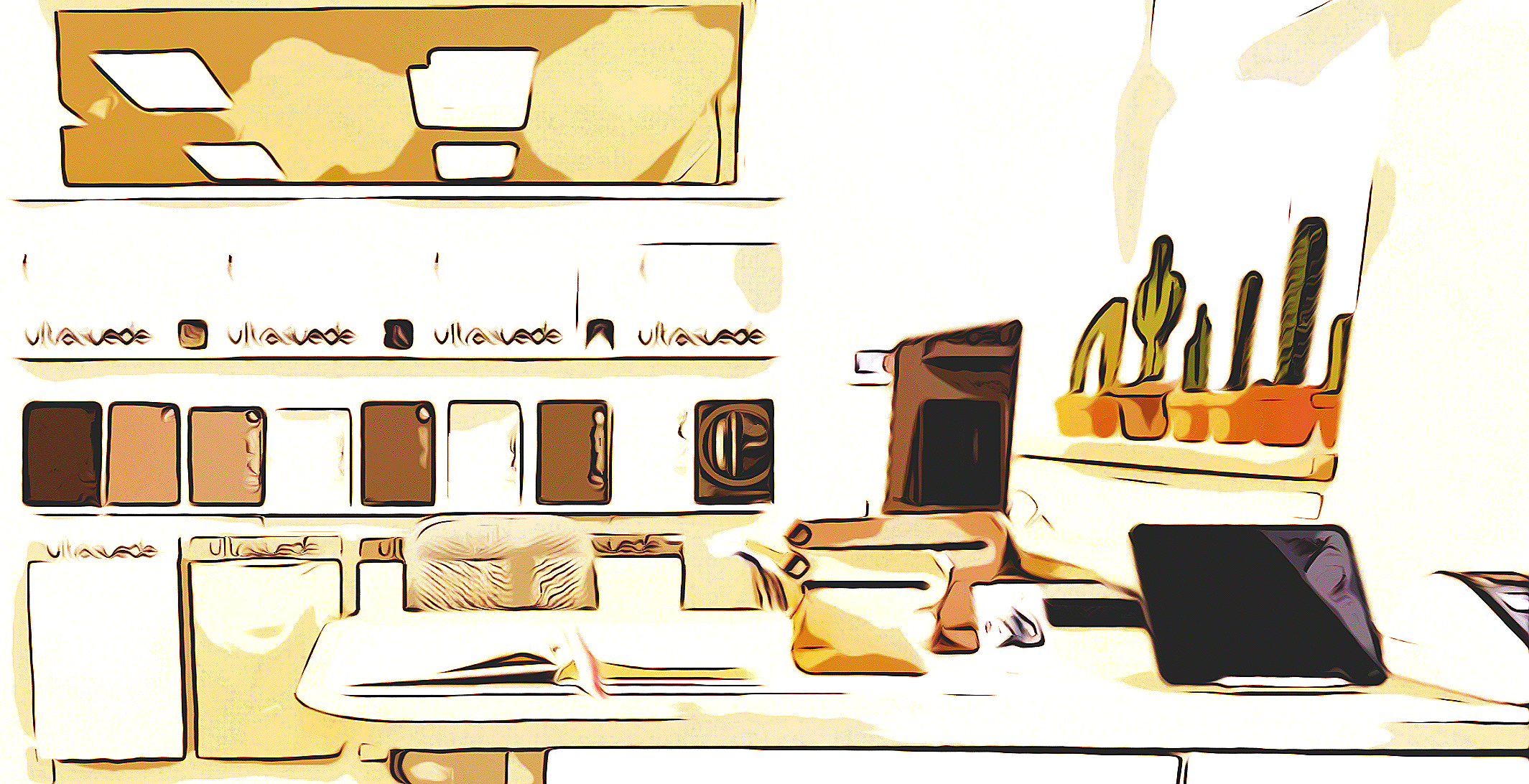 An office desk with a computer monitor, a keyboard, a book, a beige notebook, and a cup. Behind the desk are white shelves with decorative items and cacti in a pot. To the right, there is a plant on a shelf or window ledge.