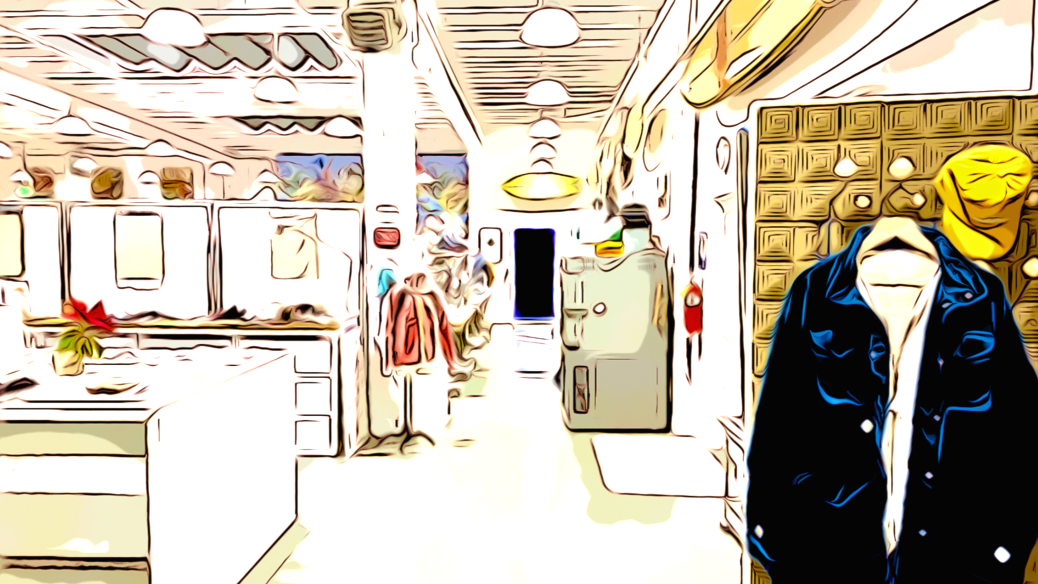 An interior of a clothing store with racks and shelves, and a mannequin dressed in a black jacket and a yellow hat, with a mix of colorful artwork and products in the background.