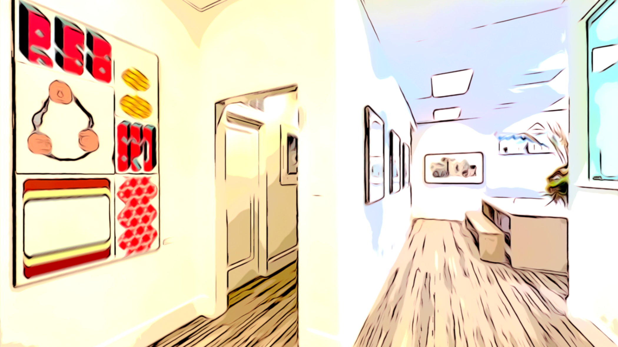 Artistic depiction of an art gallery or museum interior with framed artwork on light-colored walls, wooden flooring, and a staircase, illuminated by bright lighting.