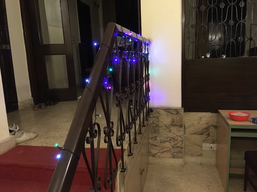Decking out our railing with some Diwali lights
