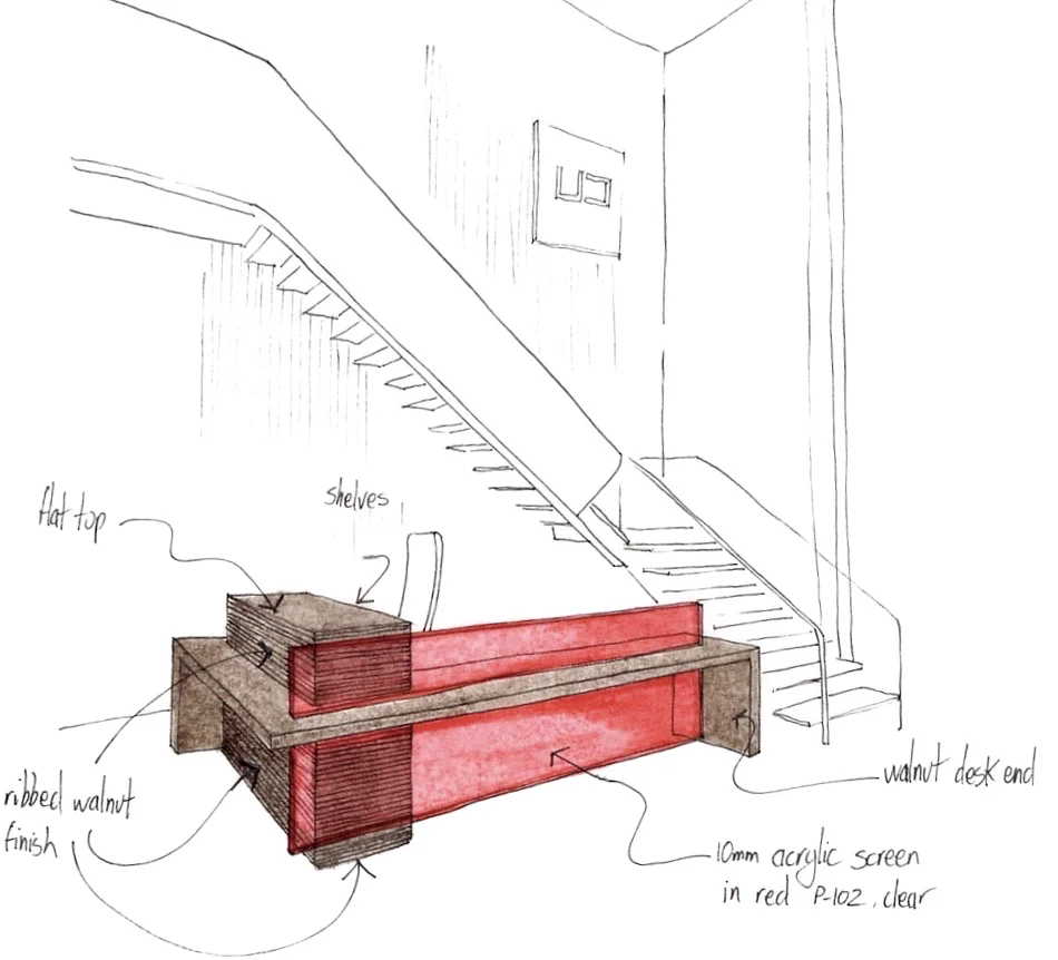 a sketch of the custom reception desk