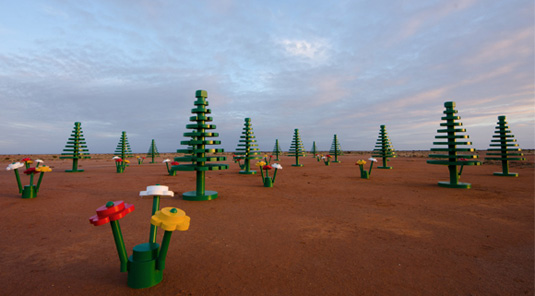 Back in 2012 Lego installed a pop-up in New South Wales town of Broken Hill to mark the 50th Anniversary of Lego being available in Australia. www.creativereview.co.uk/a-lego-forest-blooms-in-the-australian-outback/