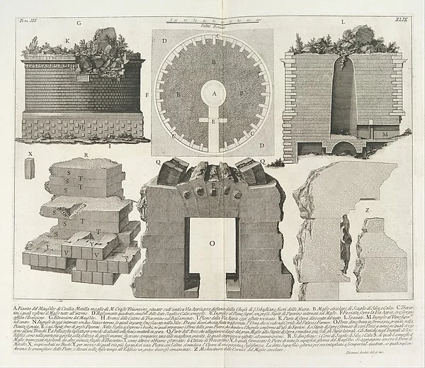 Giovanni Battista Piranesi,  Plan of the Mausoleum of Caecilia Metella, wife of Marcus Crassus , from the  Roman Antiquities . Published by Angelo Rotili, 1756-57.