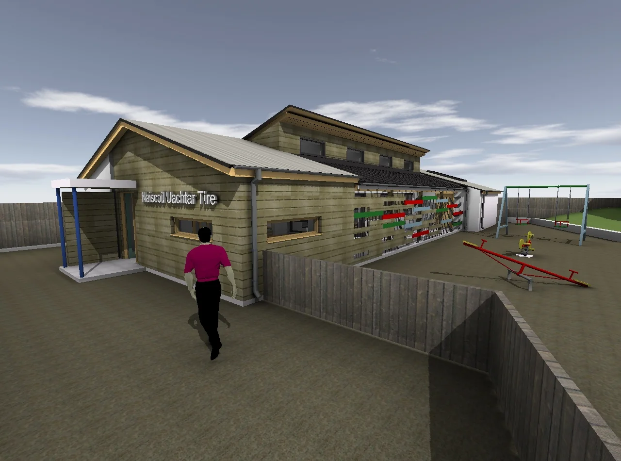 Naíscoil Uachtar Tíre The need to build for a sustainable low carbon future is impacting on all aspects of the construction industry, not least the Irish Language Education Sector. Continual improvements to building regulations mean Mobile Classrooms with their high energy low life span are being replaced by modern methods of construction. This project is our prototype of the nursery sector being designed in a modular format to allow for future improvements and expansion but also allowing for a variety of finishes and detailing giving each location its individuality while allowing rapid construction on site. The façade designs which consist of a mixture of timber cladding, large glazed sections, and solar shading are both robust and informed by aesthetics. The strategically placed glazing allows for excellent natural ventilation together with day-lighting, whilst solar shading minimises excess heat gains, thus reducing the energy consumption for cooling. The introduction of colour throughout the design creates a playful and child friendly building while the use of a varied ceiling height and high level glazing creates a spacious internal environment, something not typical of off-site construction.