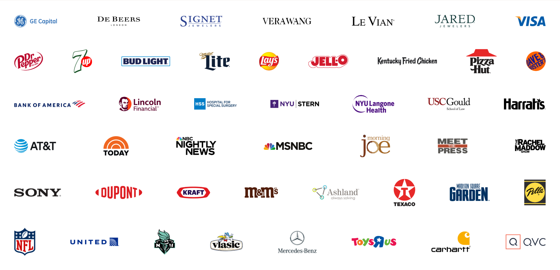  Luxury Jewelry, Automotive, Consumer &amp; Investment Banking, Insurance, Health Care, Fast Food, Soft Drinks, Beer, Packaged Goods, TeleCom, Sports Franchises, News Shows and more. 