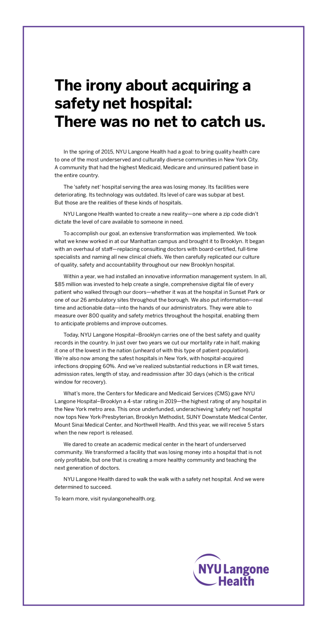  Wall Street Journal Ad touting NYU Langone’s overhaul of one of the most underfunded, underachieving hospitals in the country, right here in Brooklyn.  ————————————————————————- 