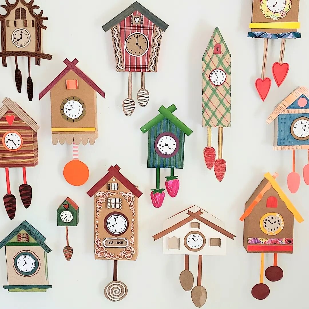 So many Cuckoo Clocks! Look at all the different boxes you can use to create your own. This collection includes a tall cracker box, a stocky tea box, several one-pound sugar boxes, and assorted others. Point is, whatever you have in your blue bin it 