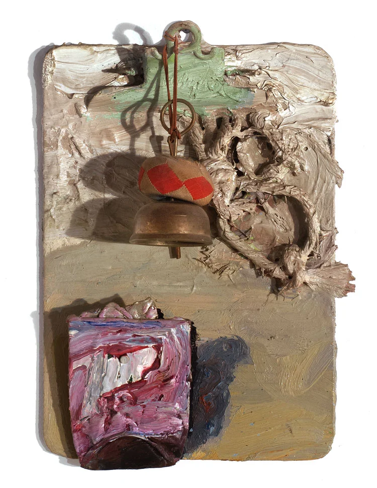 7up, 1983 | Oil on Clipboard, Tin and Metal Bell | 13 x 9 x 3 in.