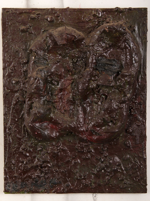 Radisson, 1983 | Oil on Leather and Wood | 18 x 14 x 2.75 in.