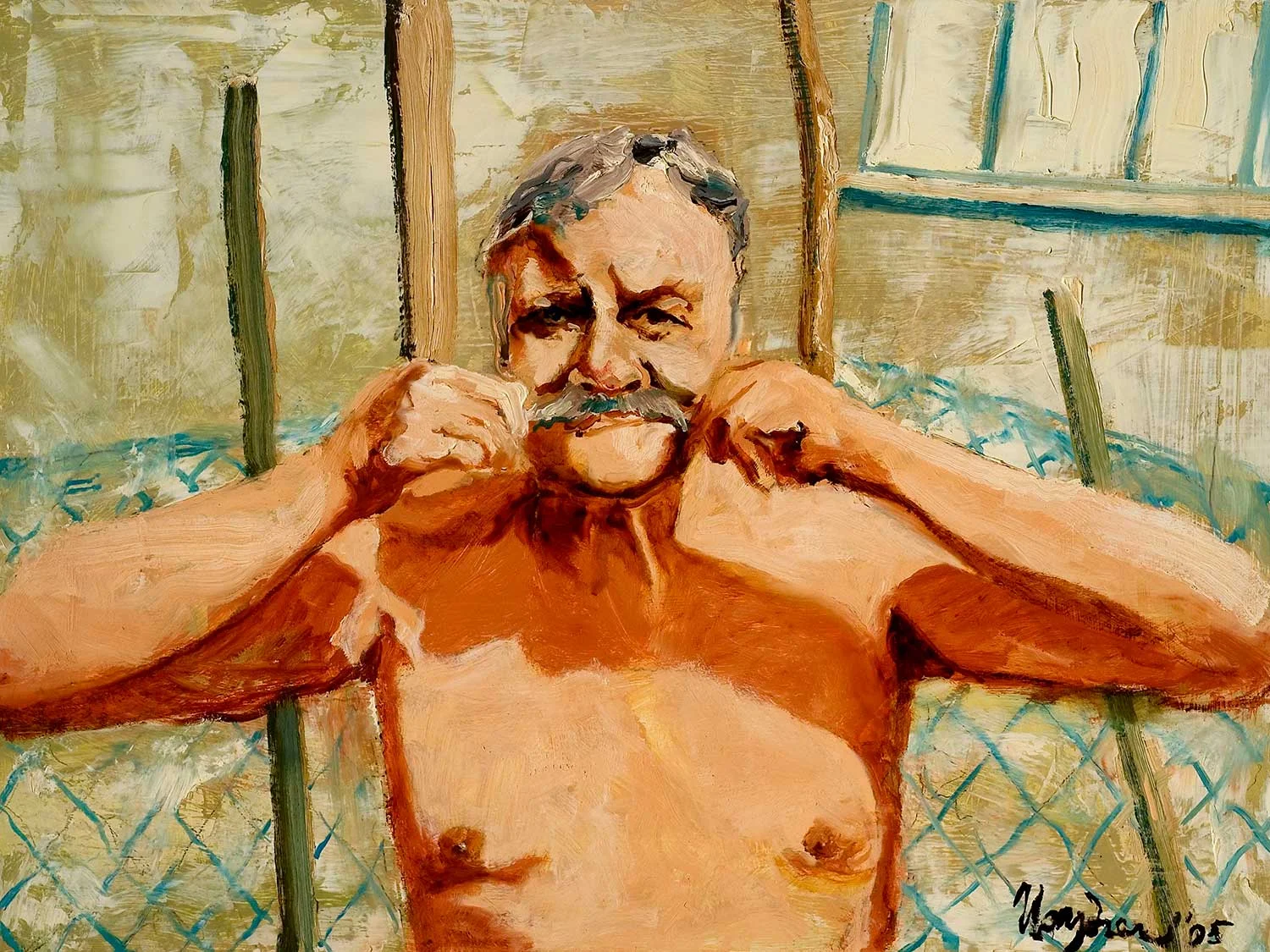 Rayner Self Portrait (In the Playpen), 2005 | Oil on Board | 32 x 24 in.