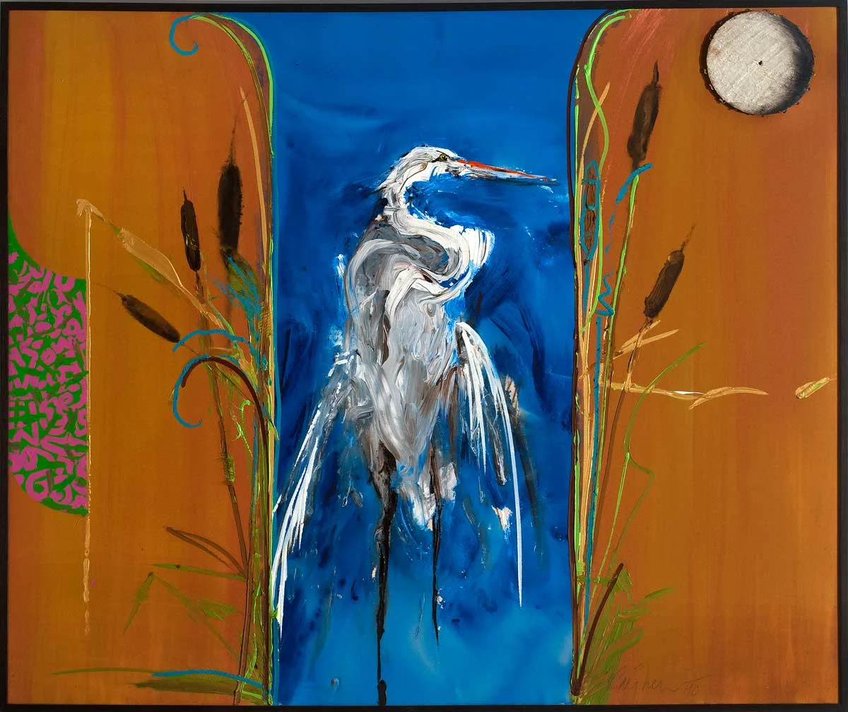 Mating Dance, 1991 | Acrylic and Wood Disc on Canvas | 73 x 61 in.