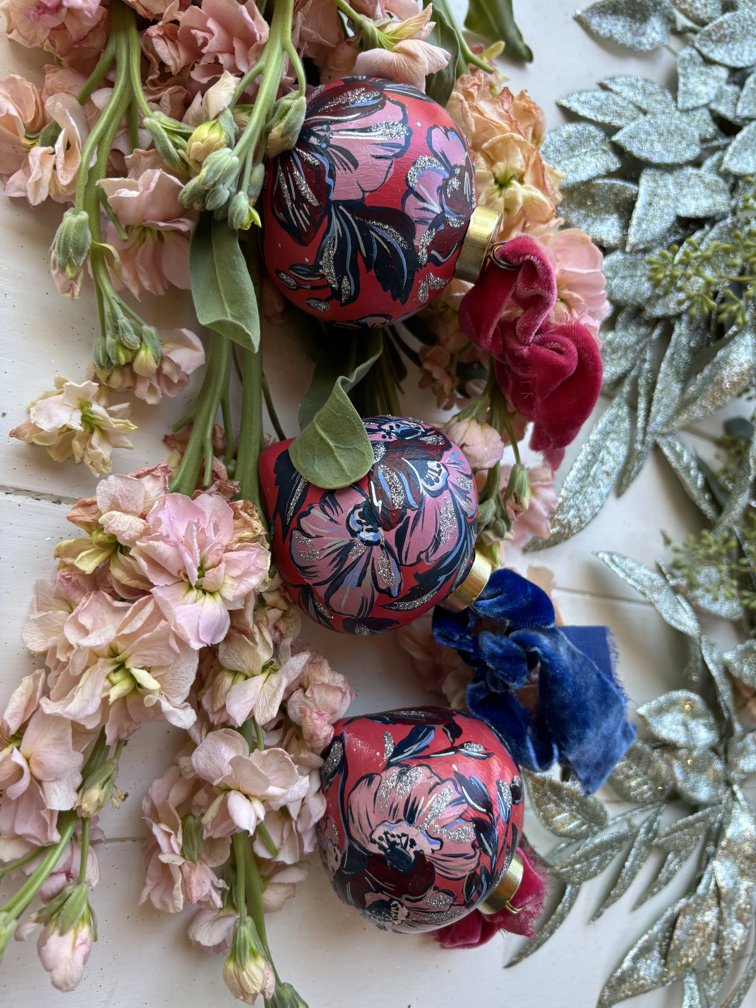 Deep Coral Floral w/ Blue Ribbon