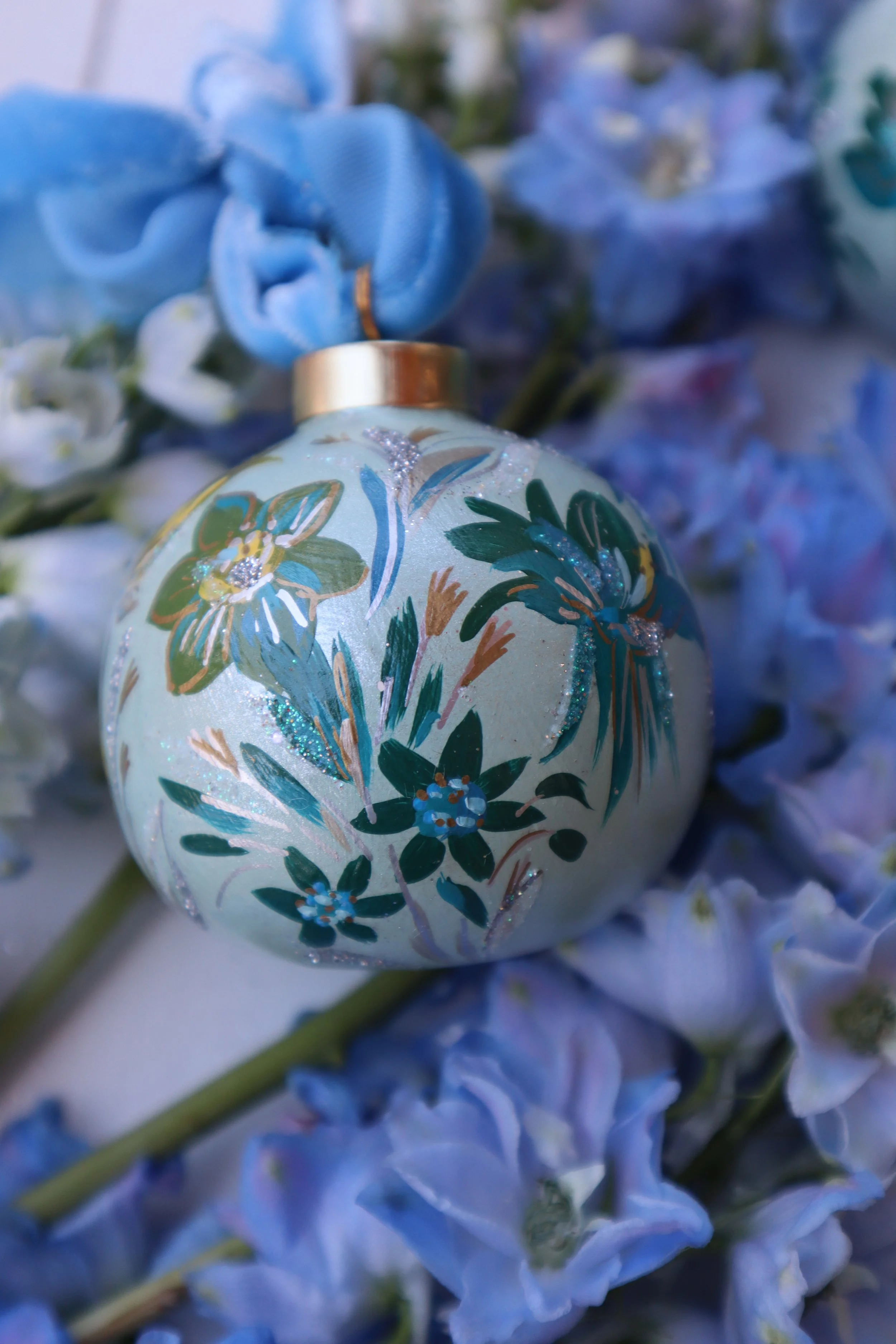 Blue Green Floral w/ Mustard Ribbon