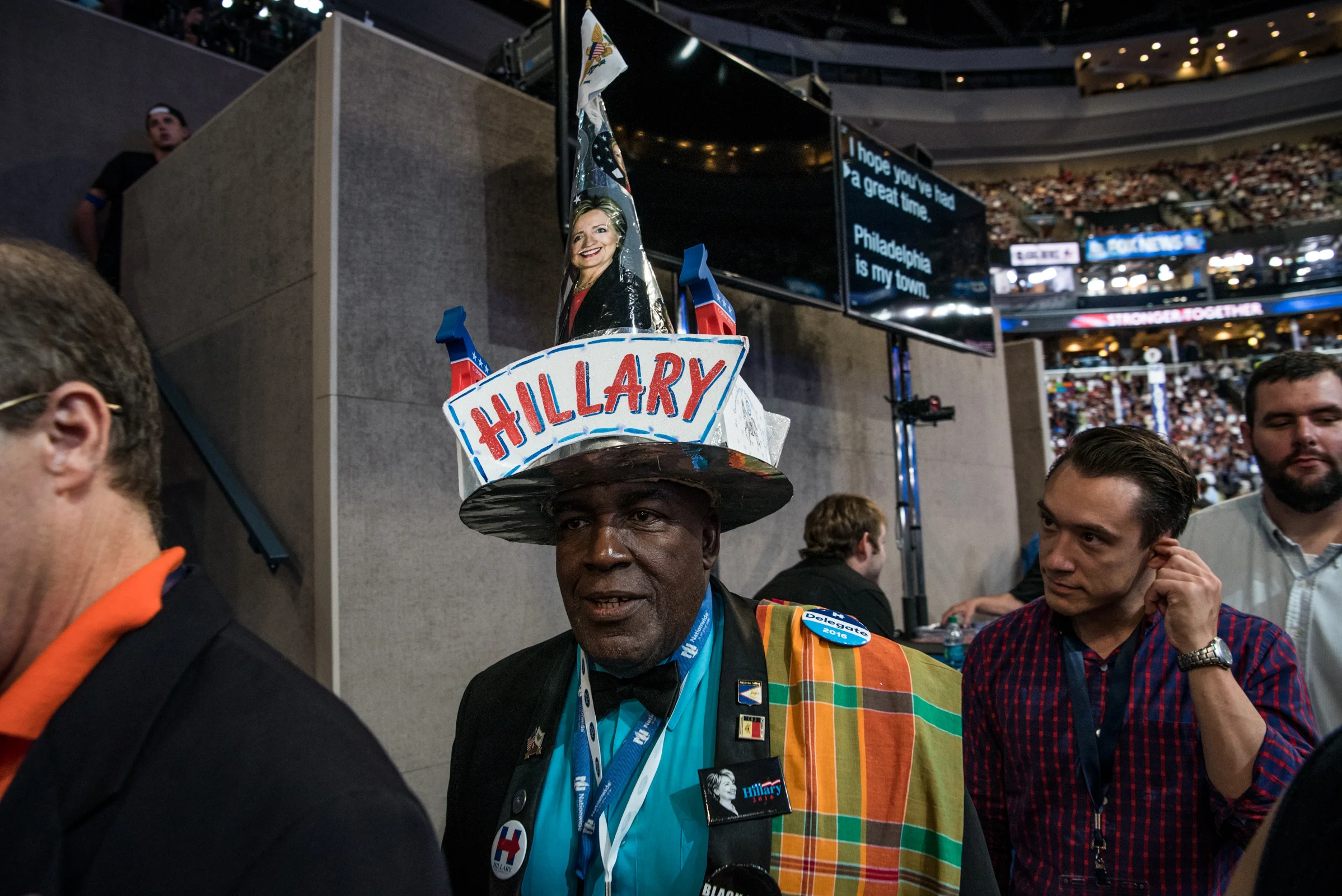 A delegate dons a Hillary Clinton themed hat during the Democratic National Convention at the Wells Fargo Center in Philadelphia on Thursday, July 28 2016. (Michael Ares / Philadelphia Inquirer)