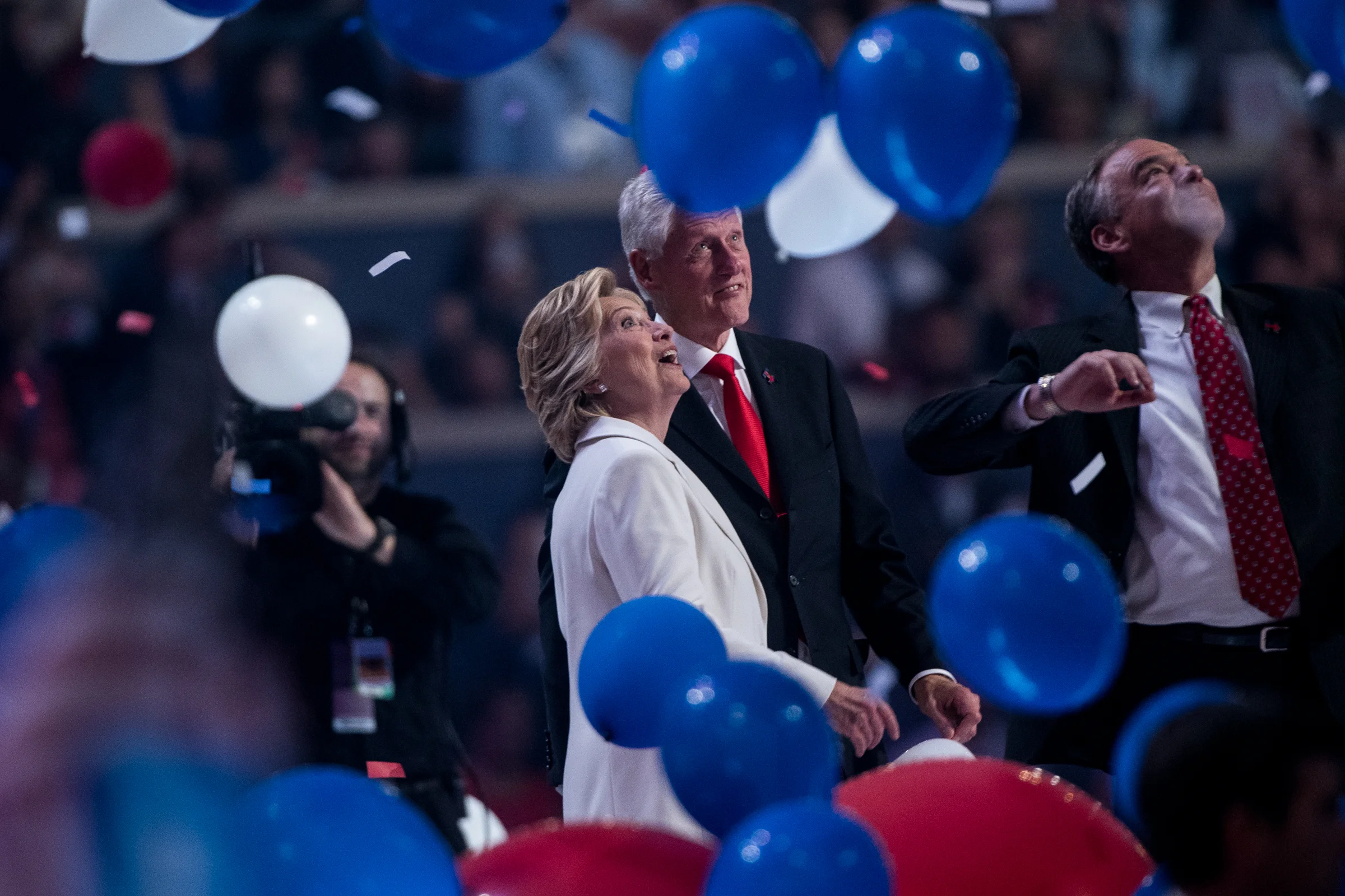 Democratic presidential nominee Hillary Clinton celebrates her party's nomination with former president Bill Clinton at the Democratic National Convention inside the Wells Fargo Center in Philadelphia on Thursday July 28, 2016. (Michael Ares / Philadelphia Inquirer)