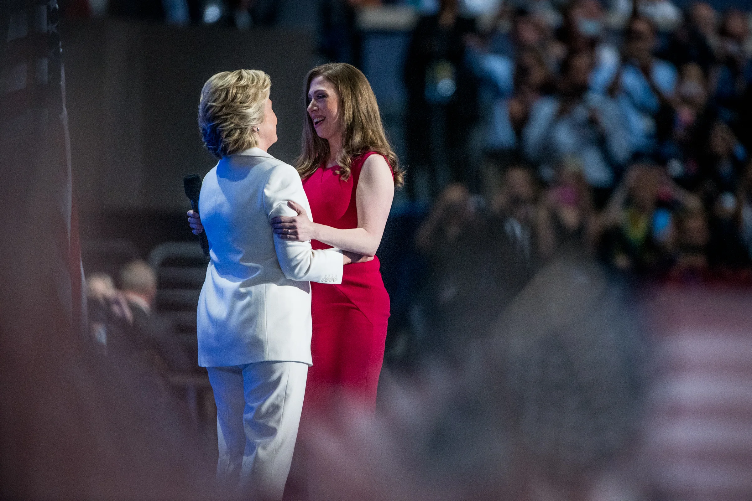Chelsea Clinton embraces Democratic presidential candidate Hillary Clinton during the Democratic National Convention inside the Wells Fargo Center in Philadelphia on Thursday July 28, 2016. (Michael Ares / Philadelphia Inquirer)