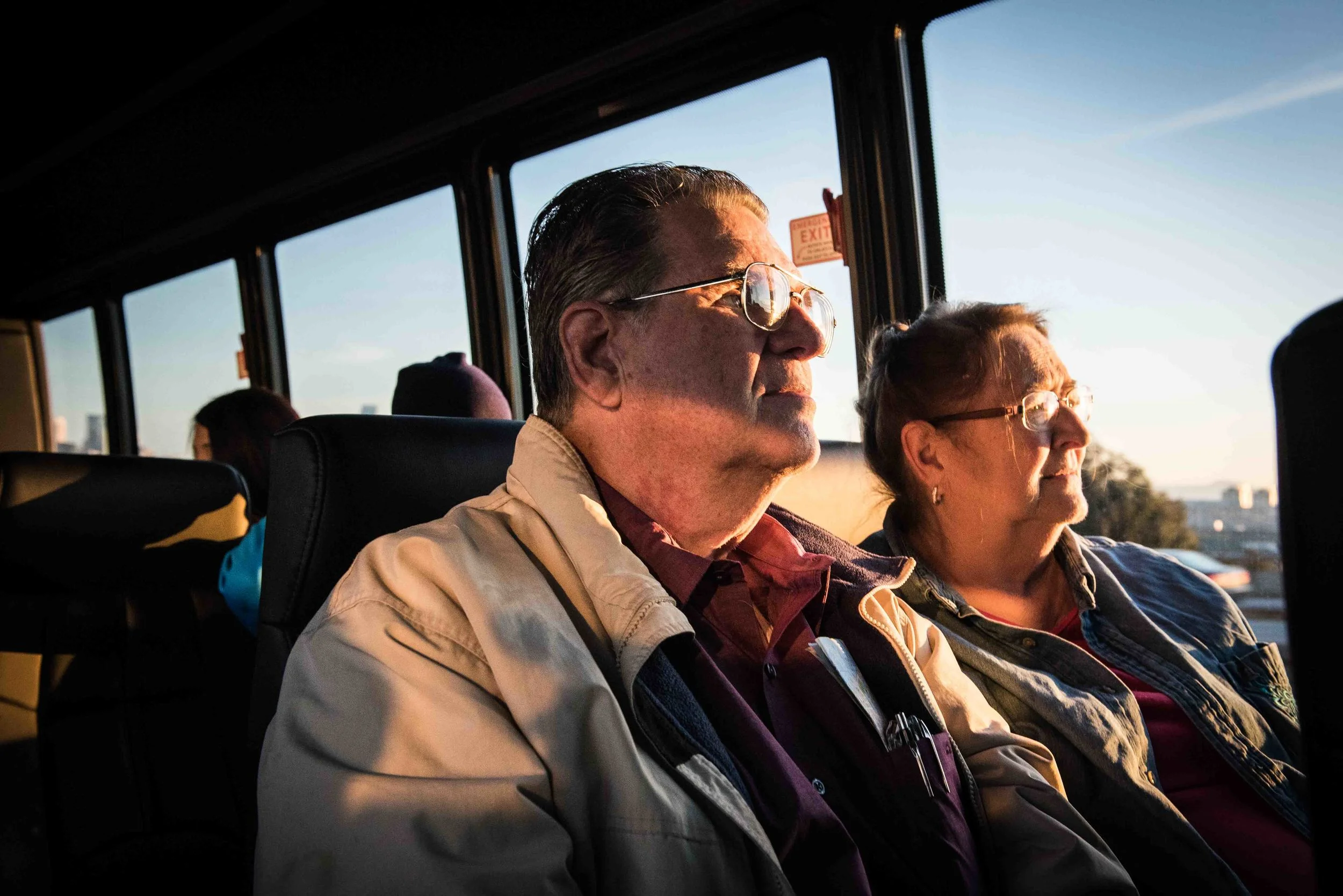 Santa Ana resident, Douglas Chapman, left, and his wife Sue ride on a bus to the Triton Museum of Art on Saturday, Feb. 7, 2016 in Santa Clara, Calif., where the Pro Football Hall of Fame's "Gridiron Glory" exhibit was featured. Chapman bought a scratchers ticket for the $10-million dollar lottery and did not win, but entered into the 2nd Chances program with the California Lottery and won a five day all expenses paid trip for two to Super Bowl 50 in the San Francisco Bay Area. (Michael Ares, Contributing Photographer, Orange County Register)