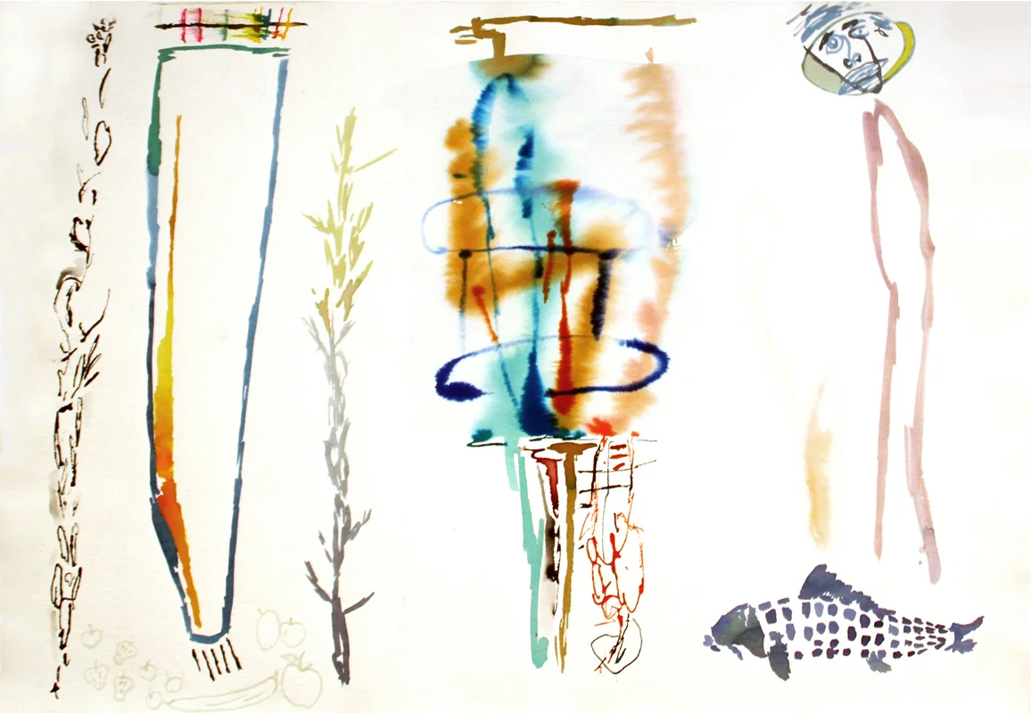GIVE THE MAN A FISH Mixed Media on Paper 22 x 30 inches (56 x 76 cm)