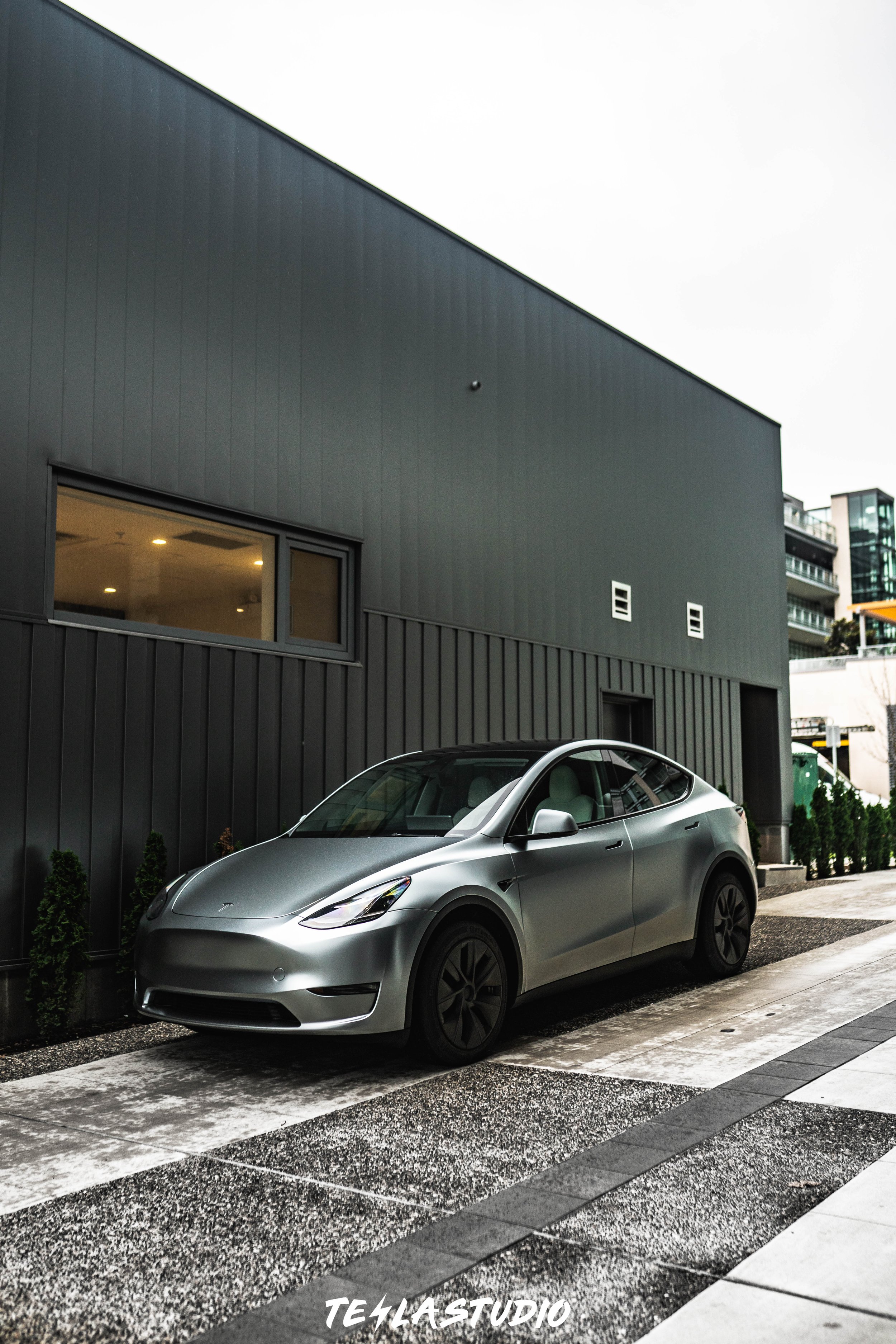 Tesla Model Y Satin Mercury Silver Vinyl Wrap in Vancouver | Colour Change