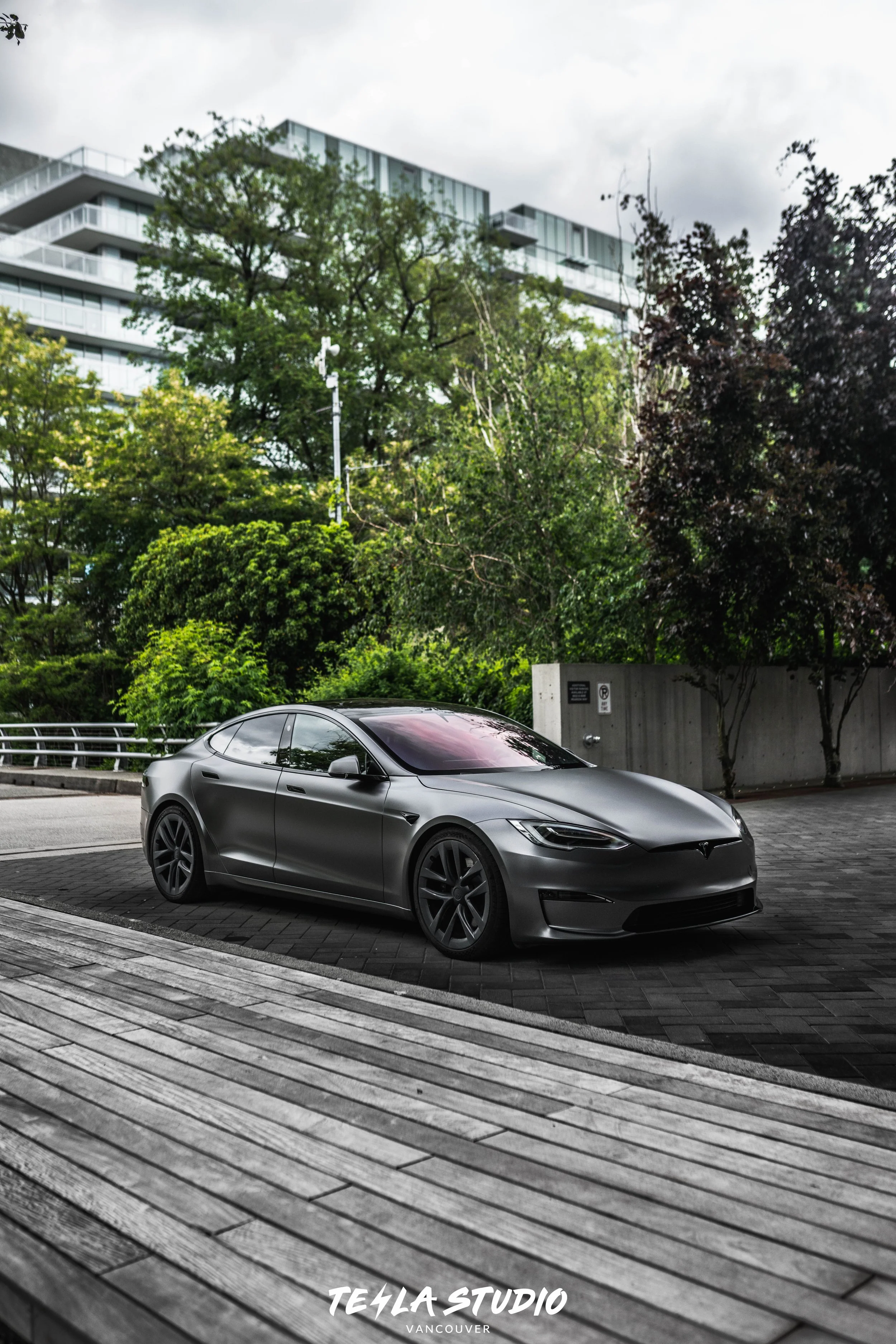 Tesla Model S vinyl wrap in 3M Satin Dark Grey