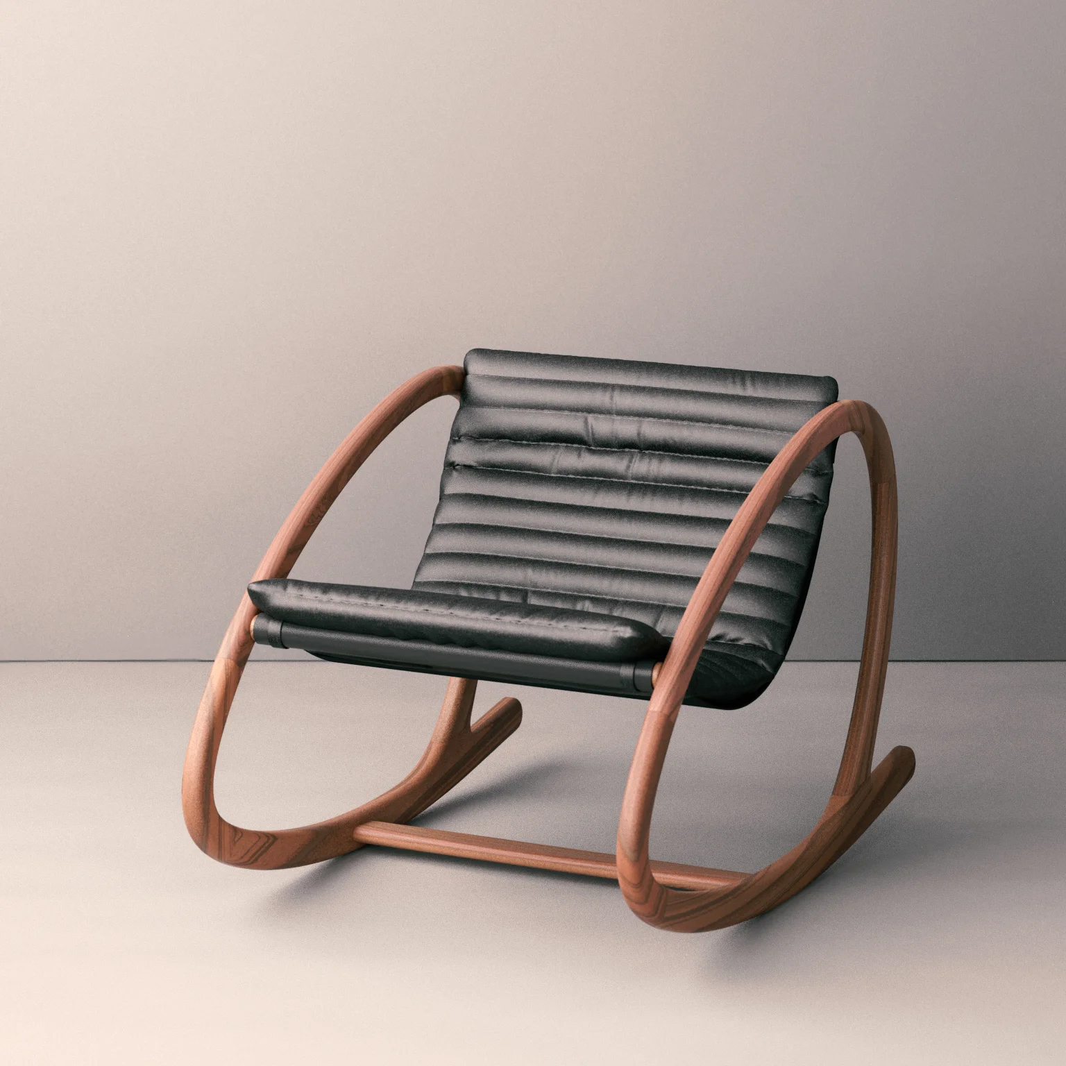 2019 edition of the Wye Rocker in walnut with integratated leater cushioned sling