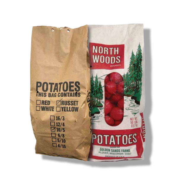 potatoes in paper bags featuring red, yellow, and russet varieties fresh produce packaging 50 lb