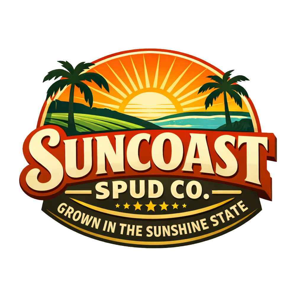 Logo for Suncoast Spud Co. featuring a sunset over green fields and two palm trees, with the slogan 'Grown in the Sunshine State'.