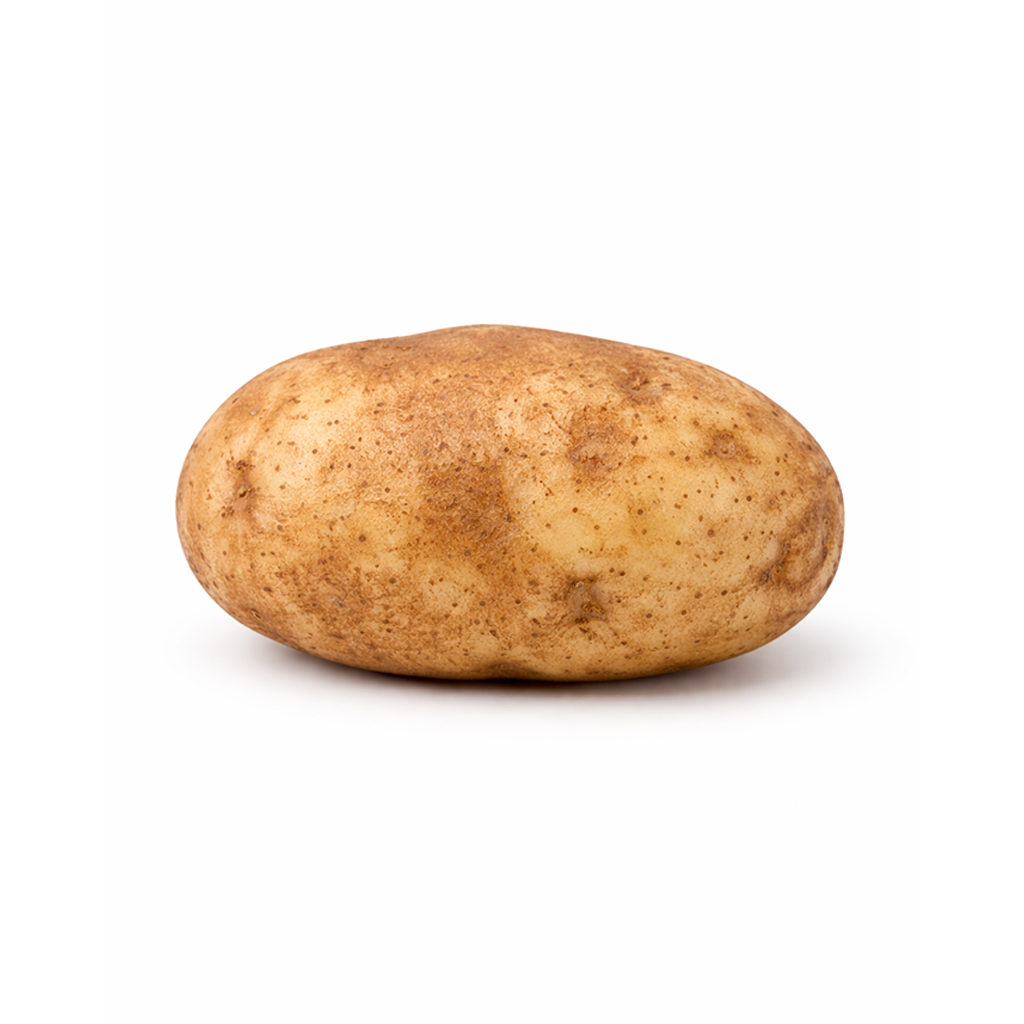 A whole russet potato with a brown, slightly rough skin on a white background.