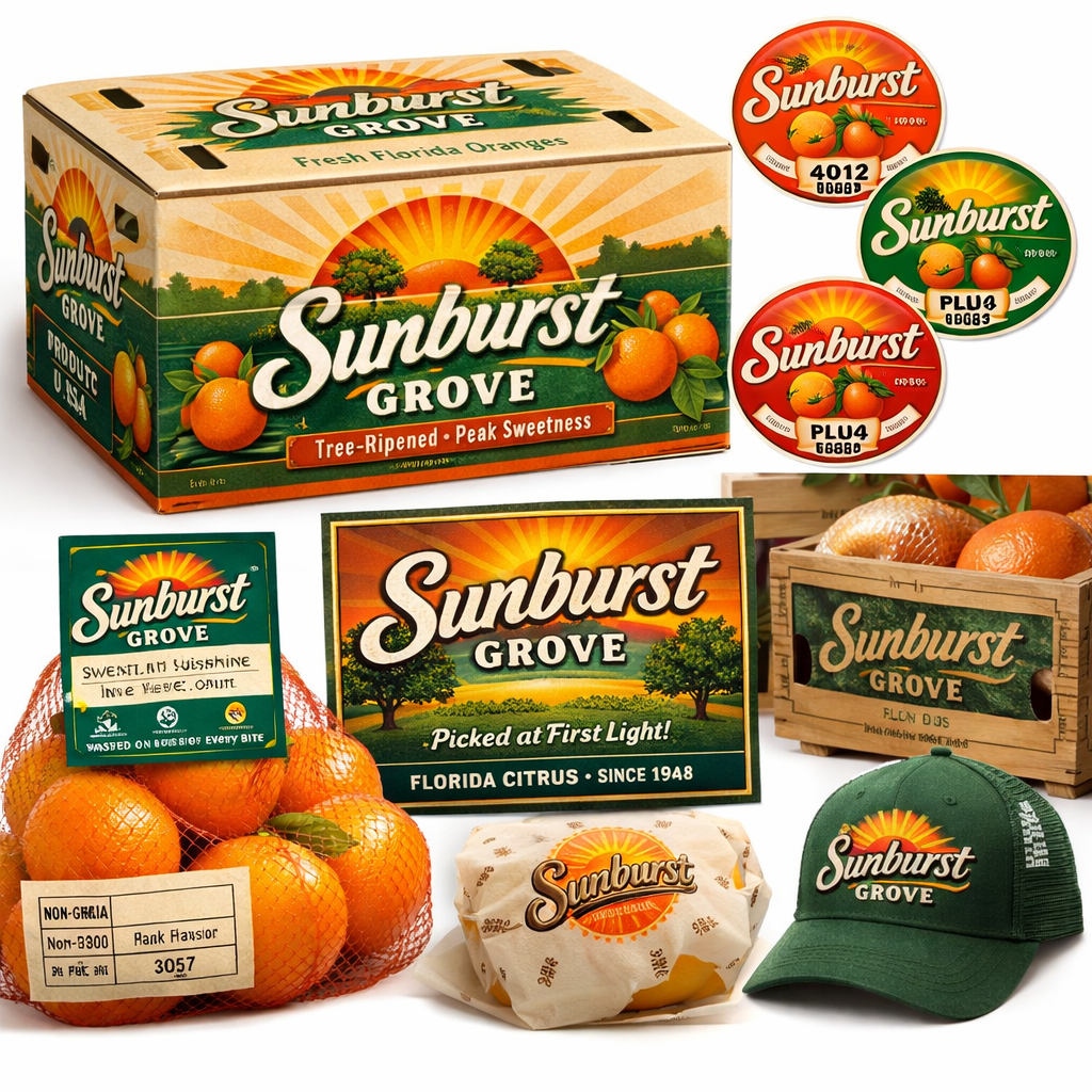 Sunburst Grove branding with oranges, including a box of oranges, a cap, a wrapped orange, fruit labels, a wooden crate, and promotional signs, all featuring the Sunburst Grove logo and slogan.