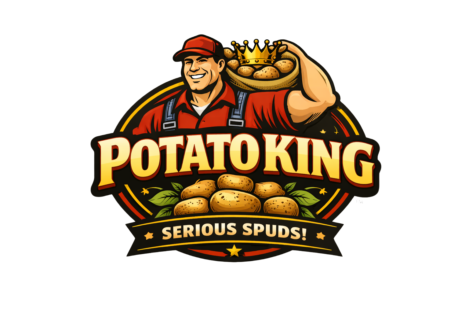 Logo for Potatoking featuring a smiling man in a red shirt and cap, carrying a basket of potatoes on his shoulder. The logo includes the text "POTATOKING" and "SERIOUS SPUDS!" with potato illustrations and green leaves.