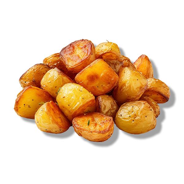 Roasted baby potatoes with crispy, golden exterior, garnished with herbs.