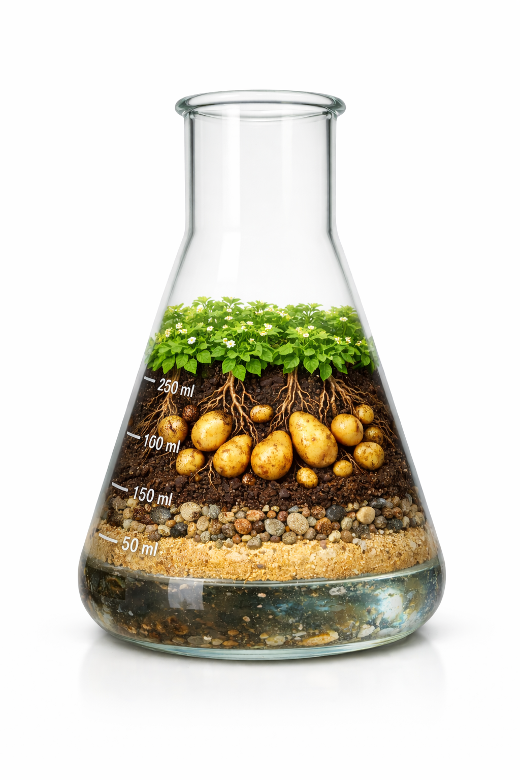 A laboratory flask with a layered miniature garden of potato plants, roots, soil, rocks, and sand inside.