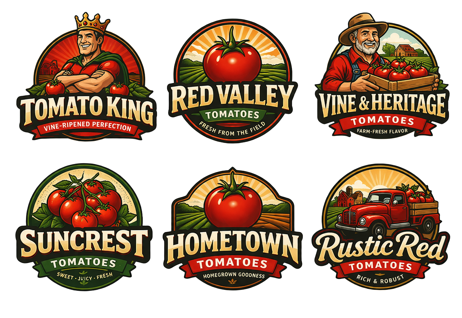 Collection of six tomato brand logos with farm and country themes, featuring illustrations of tomatoes, farmers, trucks, and farm landscapes.