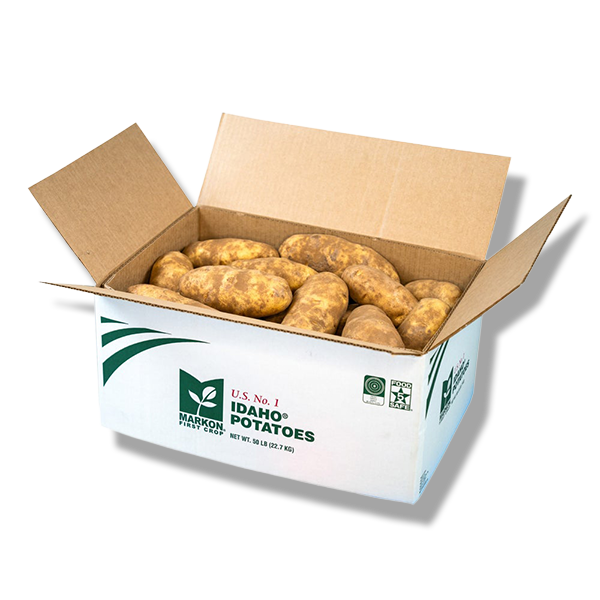Open cardboard box filled with Idaho potatoes.