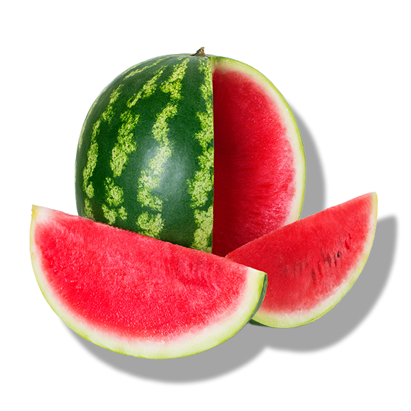 Whole watermelon with two slices cut out, showing red flesh and black seeds.