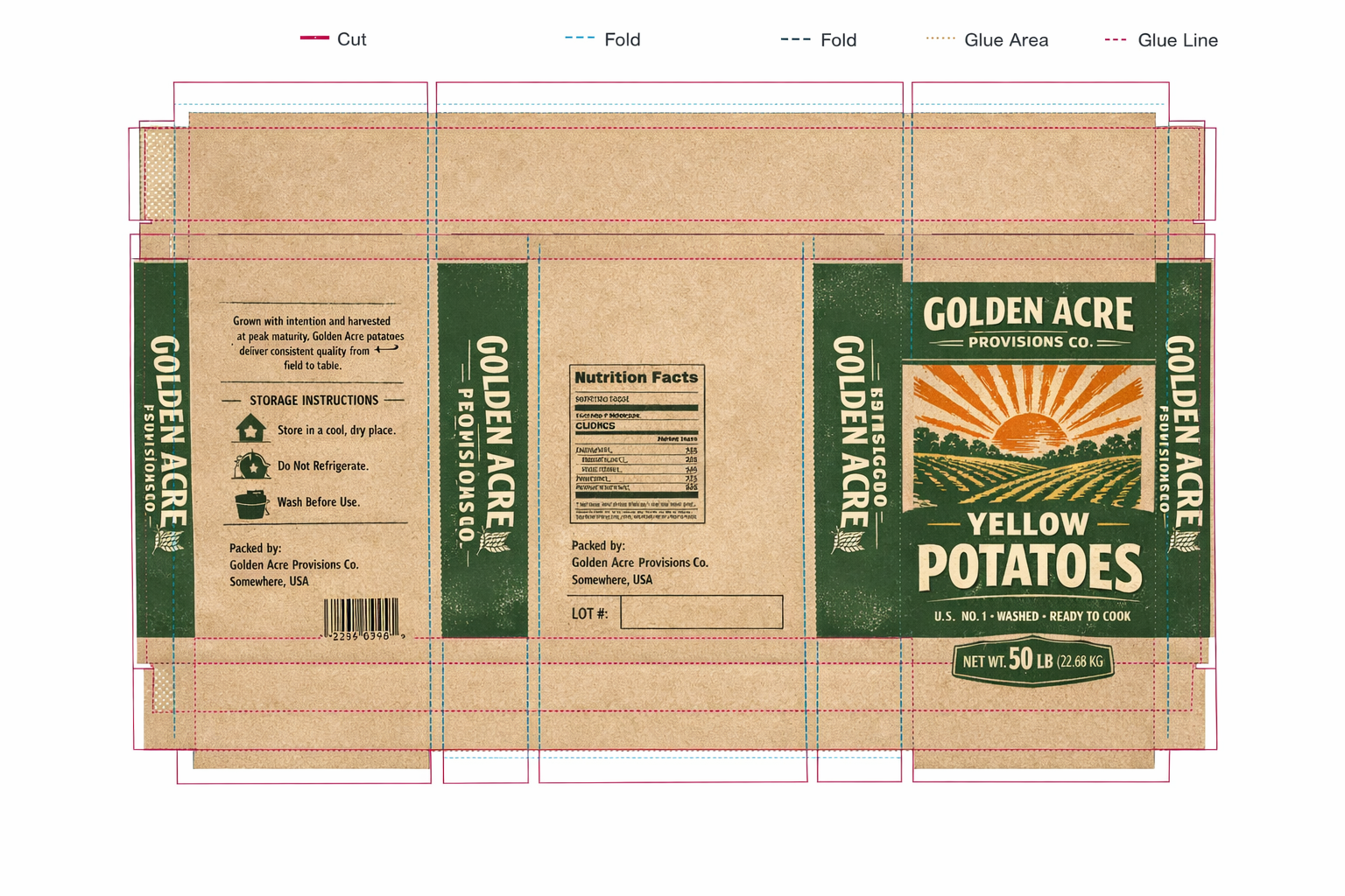 Packaging design for Golden Acre Yellow Potatoes, featuring a rural field illustration, nutrition facts, storage instructions, and weight information, with cut, fold, glue areas marked.