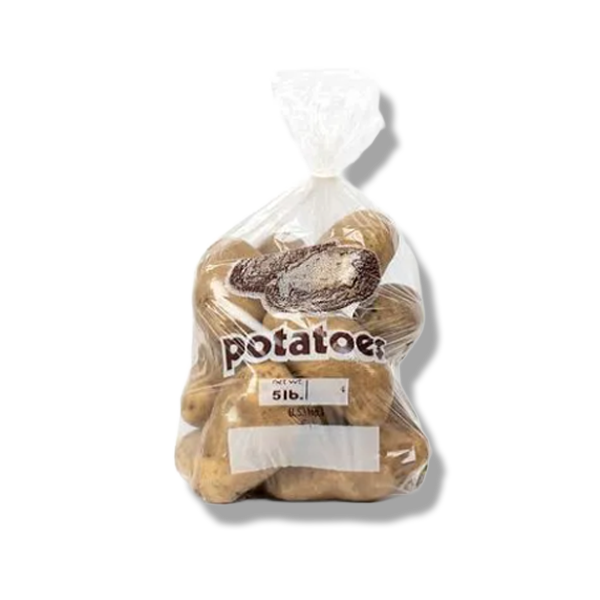 A clear plastic poly bag filled with potatoes, labeled 'potatoes' and marked with a weight of 5 pounds.