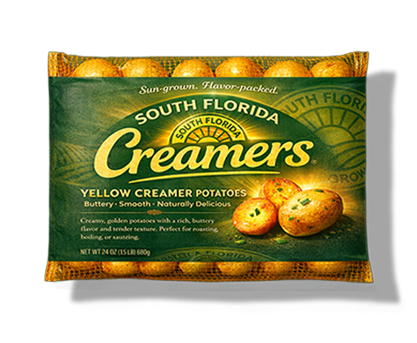 Packet of South Florida Creamers yellow creamery potatoes on green packaging with yellow text.