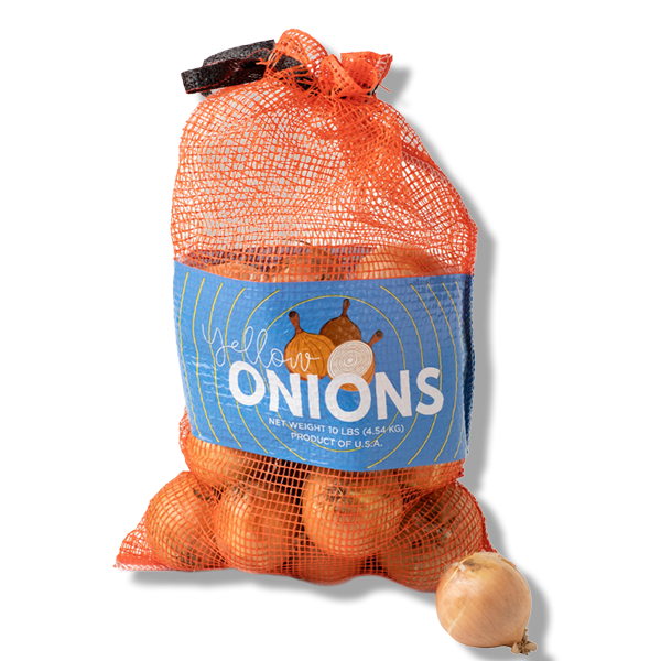 A mesh bag of 10 pounds of yellow onions with a single onion outside the bag and a garlic bulb next to it.