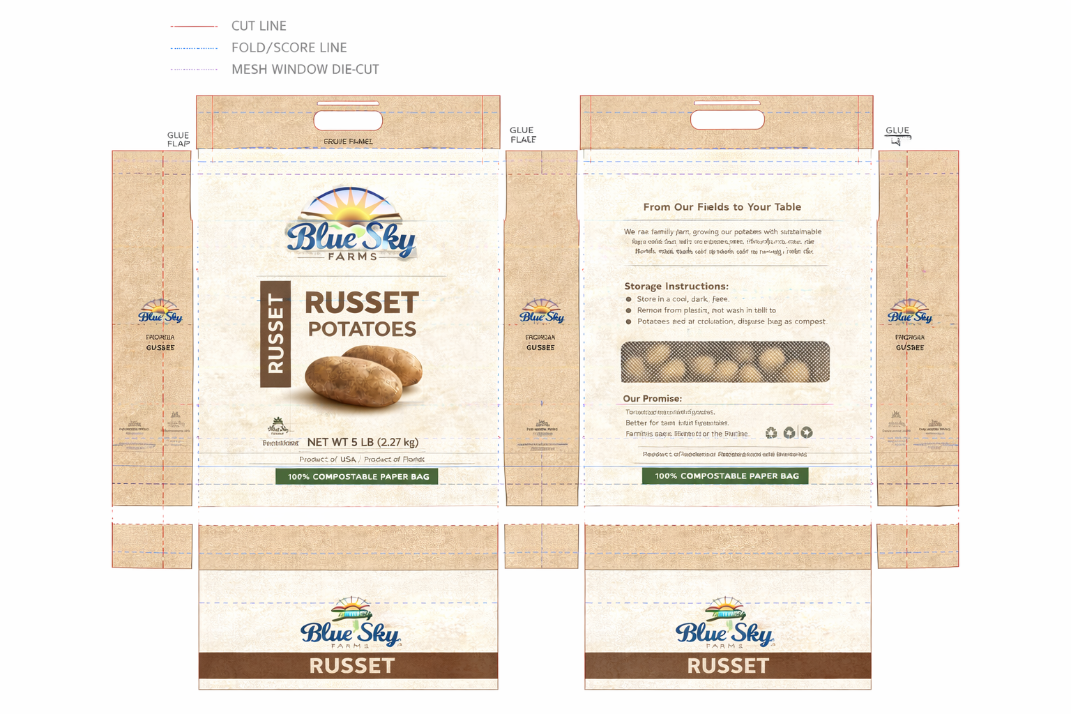 Packaging design for Blue Sky Farms Russet Potatoes, featuring the brand logo, a picture of potatoes, and instructions for storage, with text indicating a 5-pound weight and a note that it is a product of the USA.
