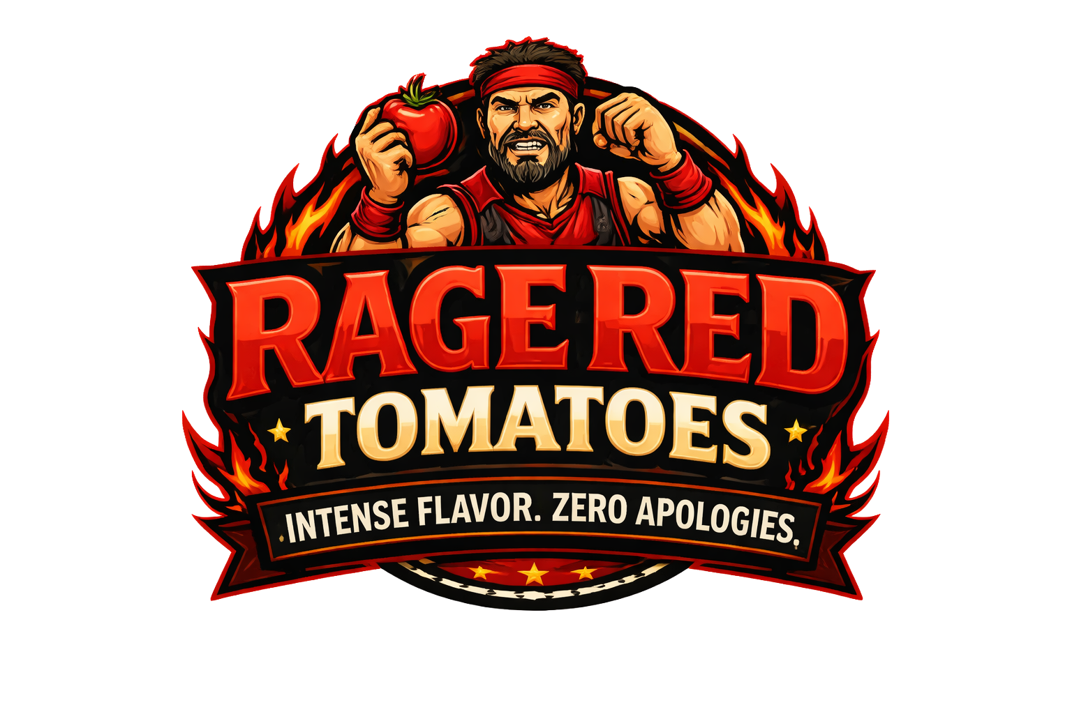 Logo for Ragered Tomatoes featuring a muscular man with a beard, red headband, and sleeveless shirt holding a tomato, with flames in the background, and text: 'Ragered Tomatoes' and 'Intense Flavor, Zero Apologies.'