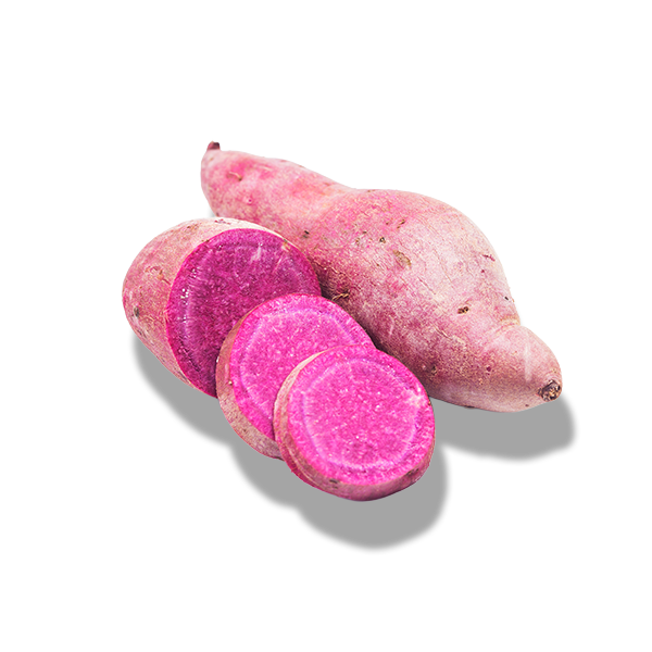 Whole and sliced purple sweet potato with pink skin on a black background.