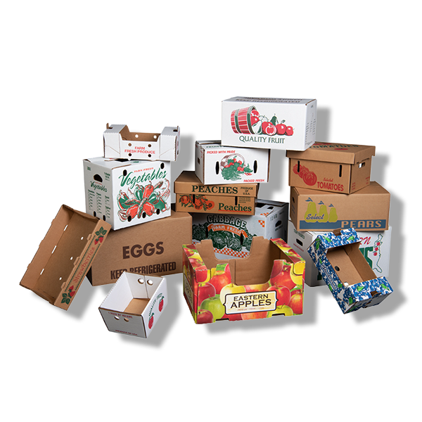 Multiple empty and partially filled cardboard fruit and vegetable boxes, including peaches, eggs, pears, tomatoes, and apples.
