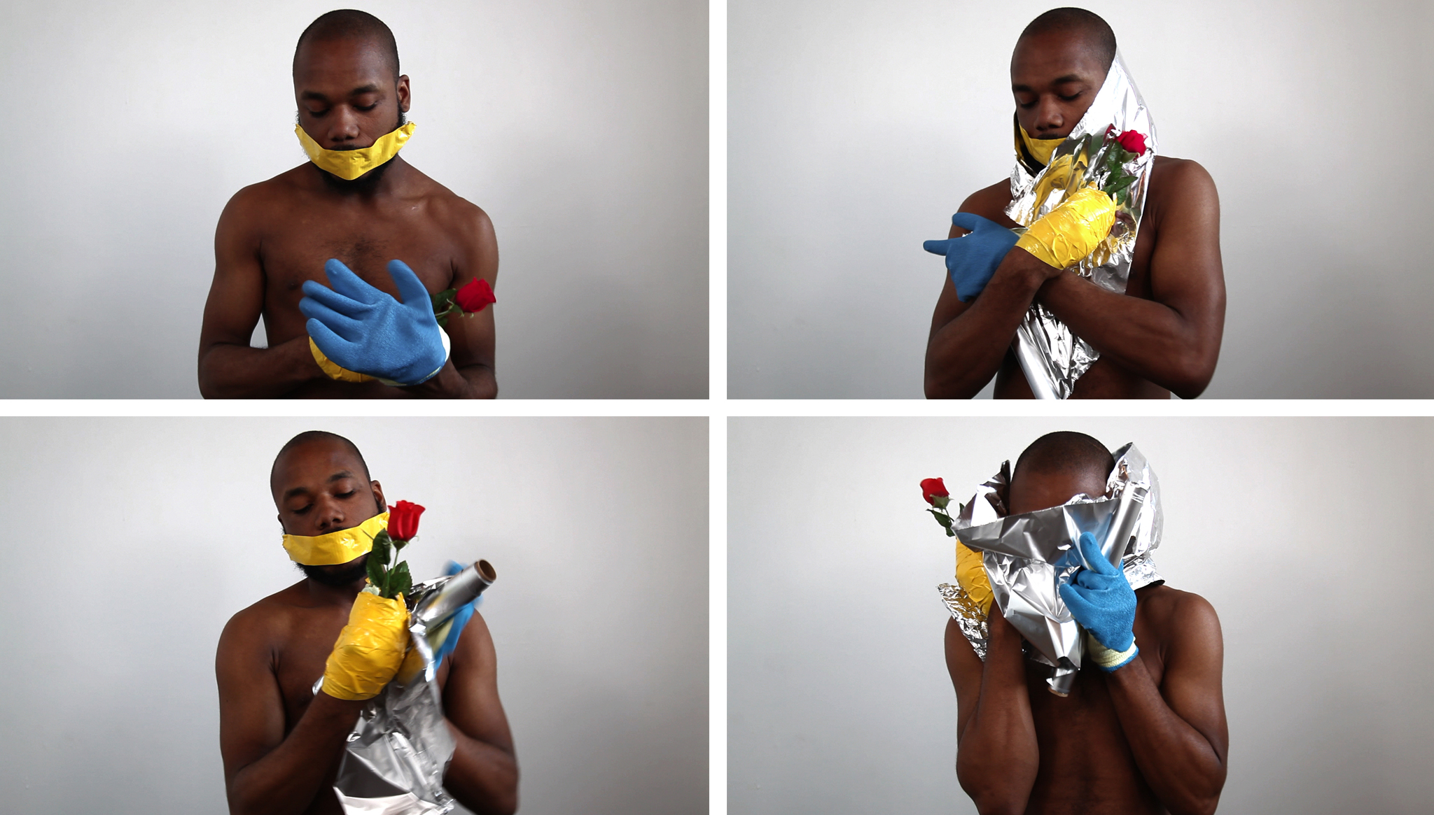 Four Objects: Aluminum Foil, Artificial Rose, Duct Tape, Gardening Gloves