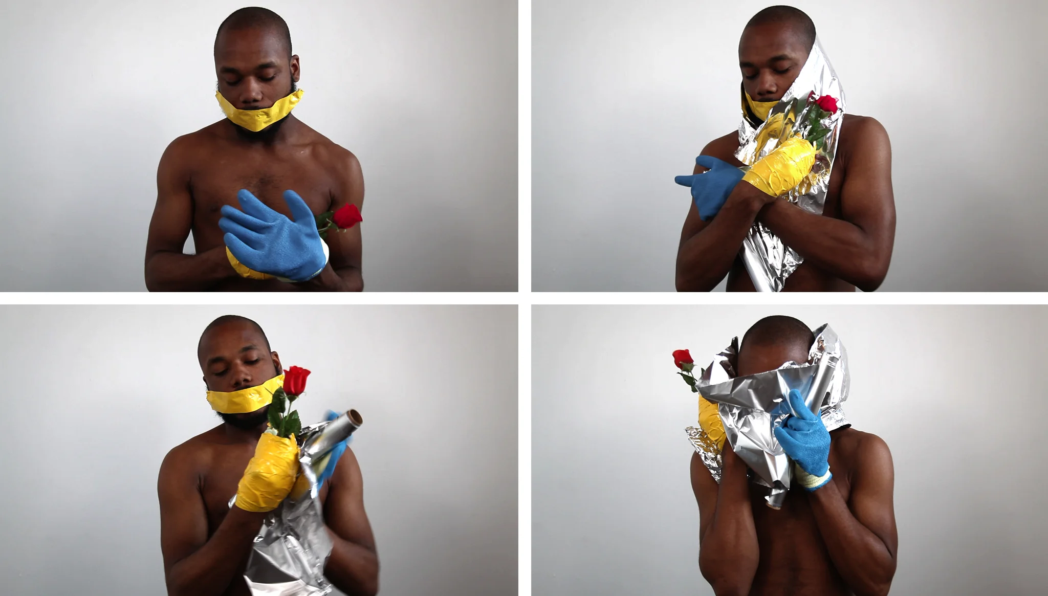 Four Objects: Aluminum Foil, Artificial Rose, Duct Tape, Gardening Gloves