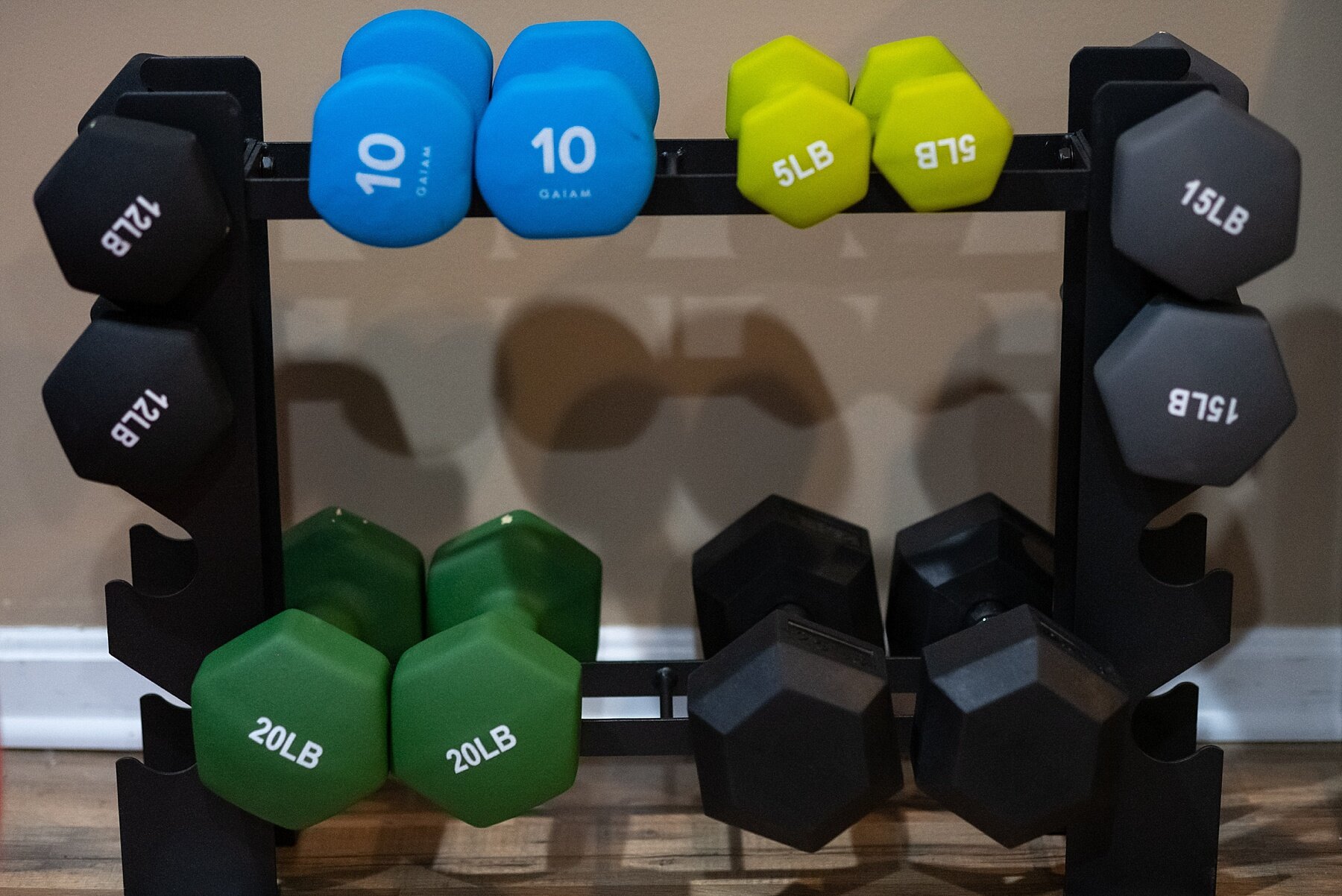 Wendy Zook Photography | Fitness journey, home gym, workout at home, basement gym, workout gear, workout clothes, inspiration for working out at home, dumb bells, colorful dumbbells