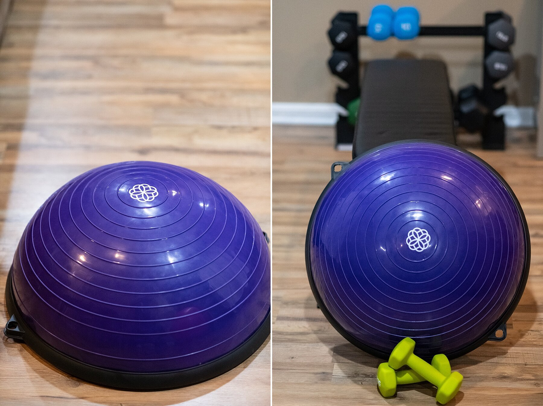 Wendy Zook Photography | Fitness journey, home gym, workout at home, basement gym, workout gear, workout clothes, inspiration for working out at home, dumb bells, colorful dumbbells, bosu balls