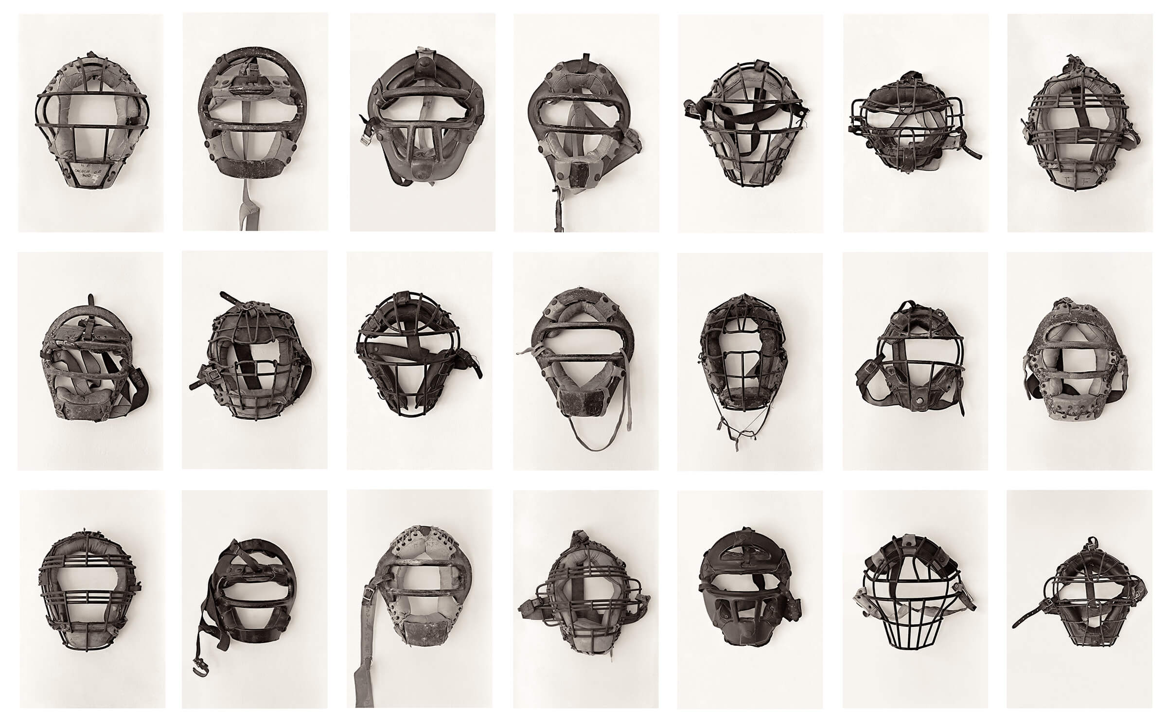 © Lane Barden 2017, 21 Catchers Masks, Large Grid. (from 23 Catcher's Masks, ©Lane Barden 2017, Collection of the Los Angeles County Museum of Art)